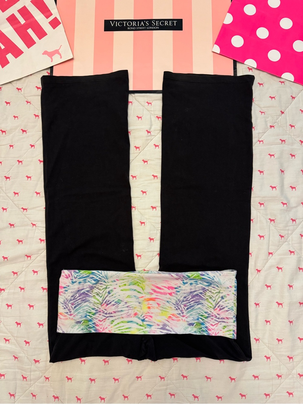 VS PINK VINTAGE Y2K FOLDOVER FLARE YOGA LEGGINGS RAINBOW WATERCOLOR TROPICAL HTF